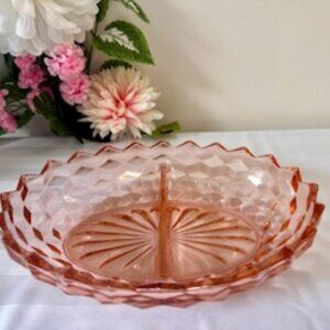 Vintage Pink Whitehall Cubist Divided Relish Dish – Depression Glass Peach Diamo